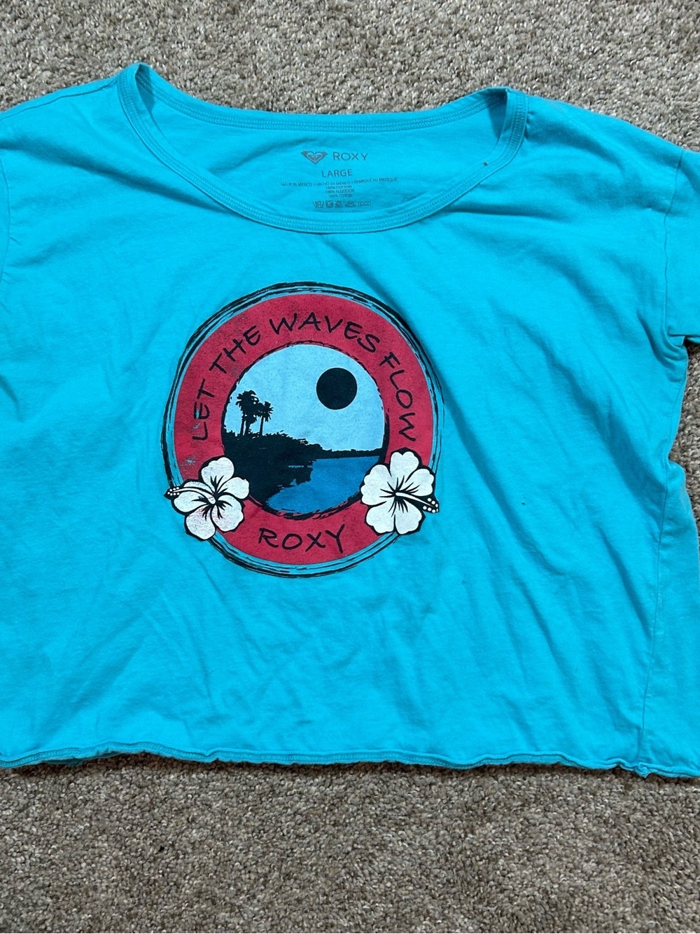 Roxy Turquoise Graphic Crop Tee with Pink and Blue Logo